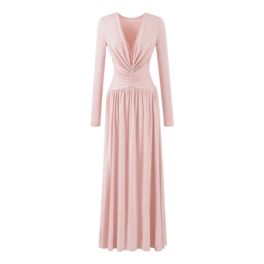 Damen Maxikleid mit gerafftem Wickeloberteil, tiefem V‑Ausschnitt und Spitzenbesatz Nord Taschen