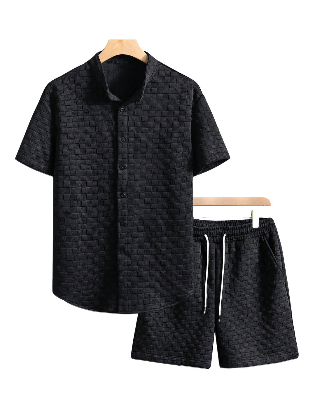Herren nan zweiteiliges Sommerensemble mit Stehkragen-Hemdjacke und elastischen Komfort-Shorts in geprägter Karo-Textur - Arvani
