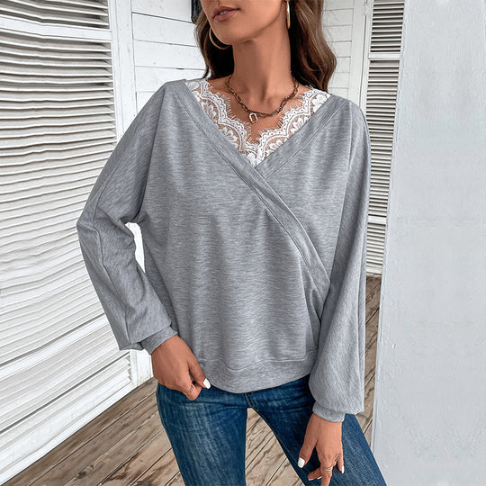 Damen Oversized Wickel-Longsleeve mit Spitzenblende und weitem Arm Nord Taschen