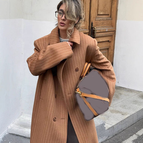 Damen Doppelreihiger Oversize-Wollmixmantel mit Nadelstreifen und weitem Schnitt Nord Taschen