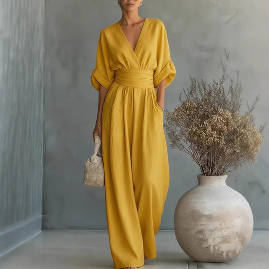 Eleganter Ärmelloser Jumpsuit mit Tiefem V-Ausschnitt, Taillenbund und Weitem Bein Avellé