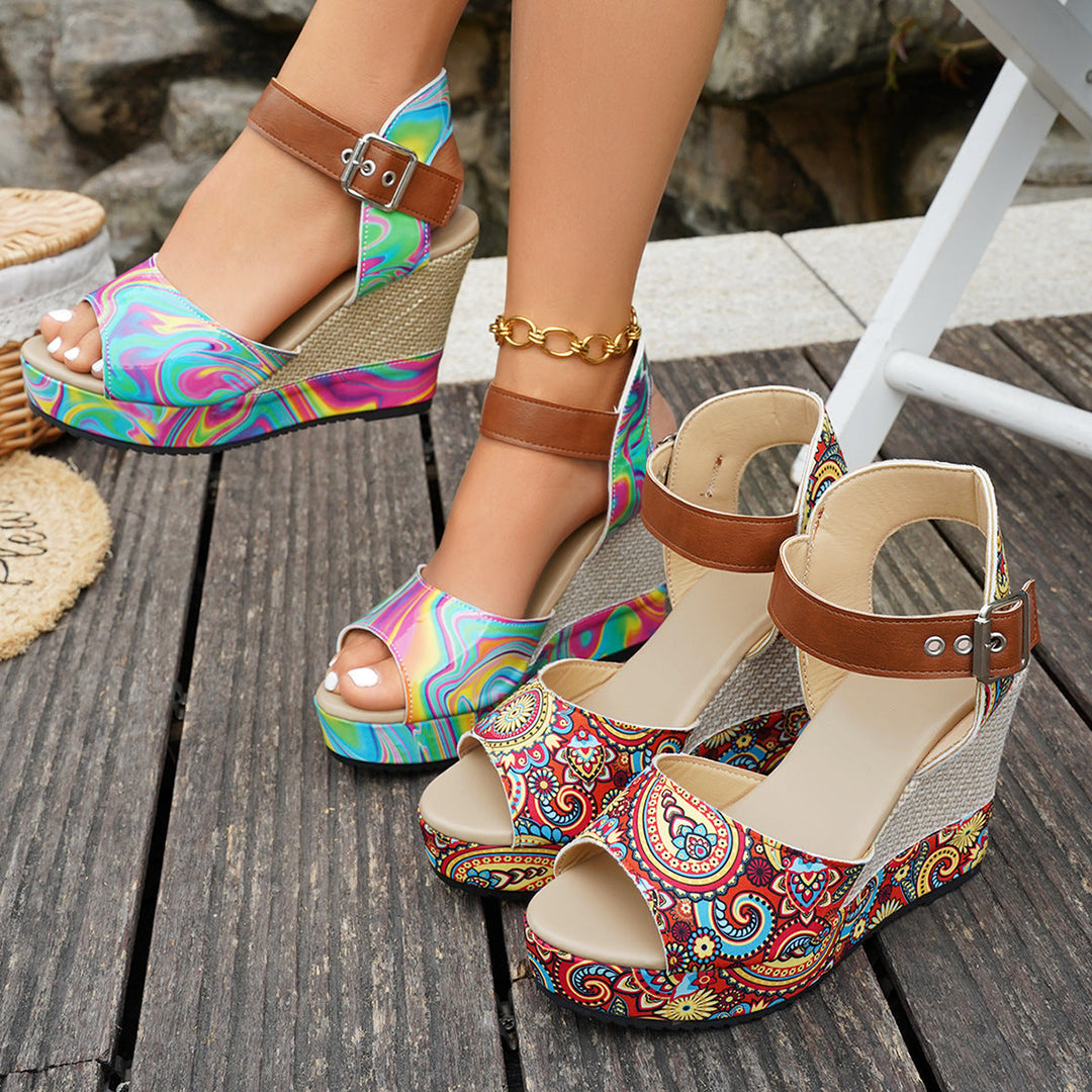 Damen Wedge-Sandaletten mit buntem Marmormuster und verstellbarem Riemen