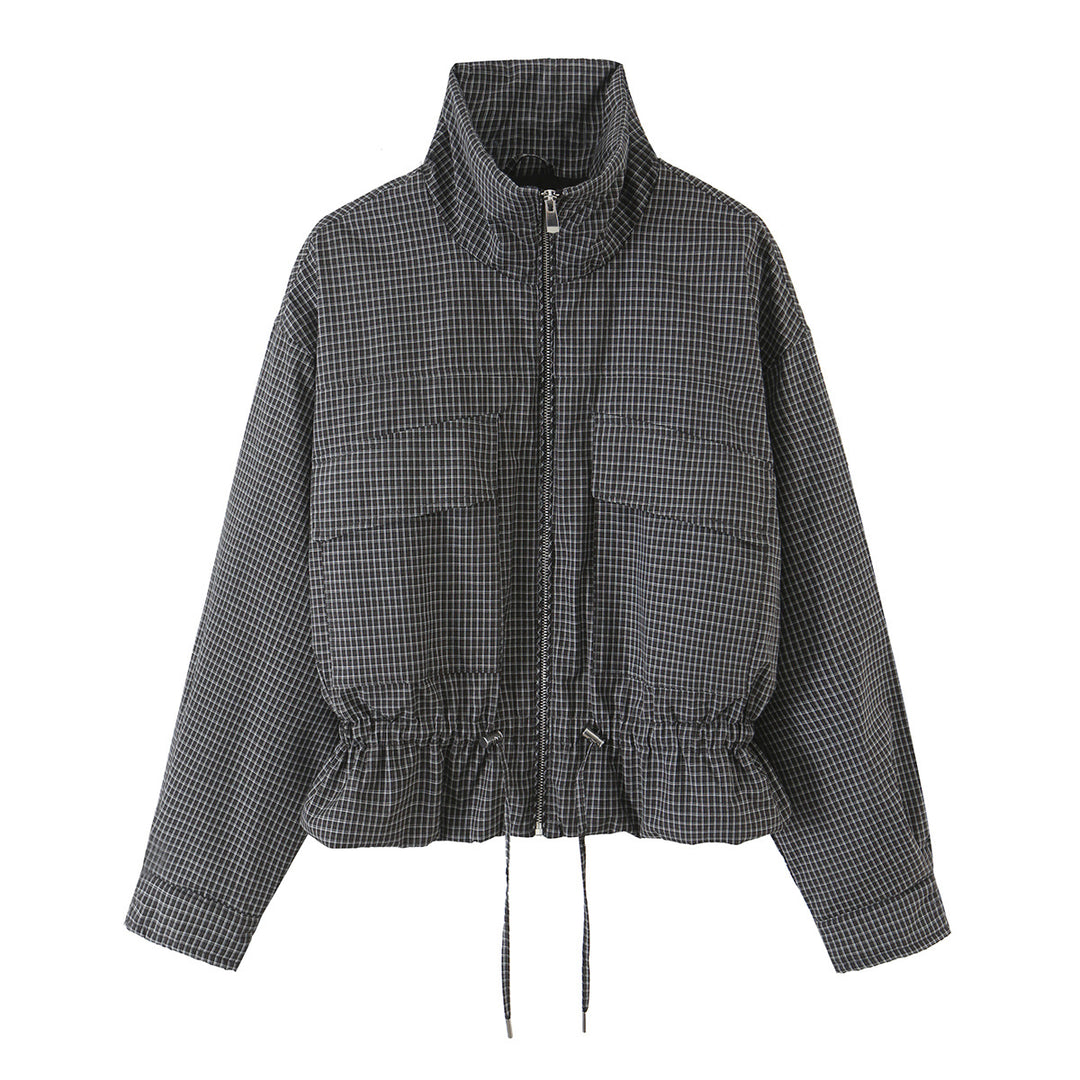 Damen karierte, funktionale Übergangsjacke mit Stehkragen und Tunnelzug Nord Taschen
