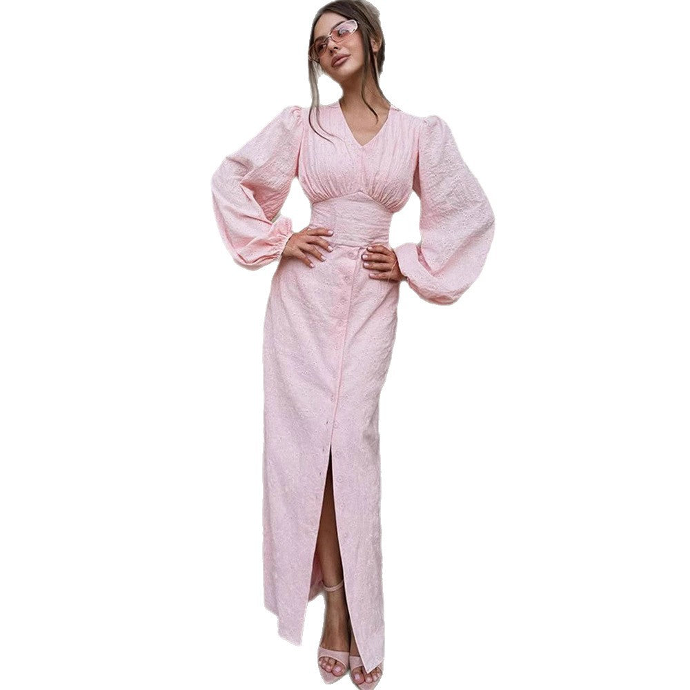 Damen Maxikleid mit Puffärmeln, tailliertem Mieder und Frontknopfleiste Nord Taschen