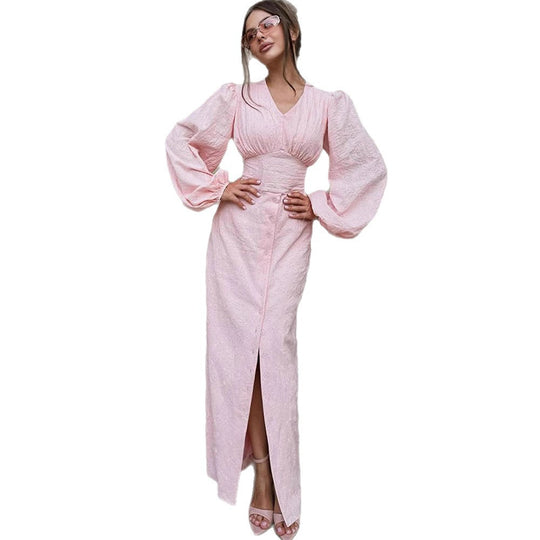 Damen Maxikleid mit Puffärmeln, tailliertem Mieder und Frontknopfleiste Nord Taschen