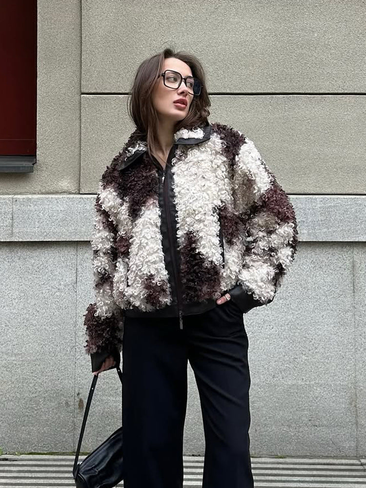Damen Kurzblouson aus lockigem Bouclé‑Fauxfur mit Lederoptik‑Besatz Nord Taschen