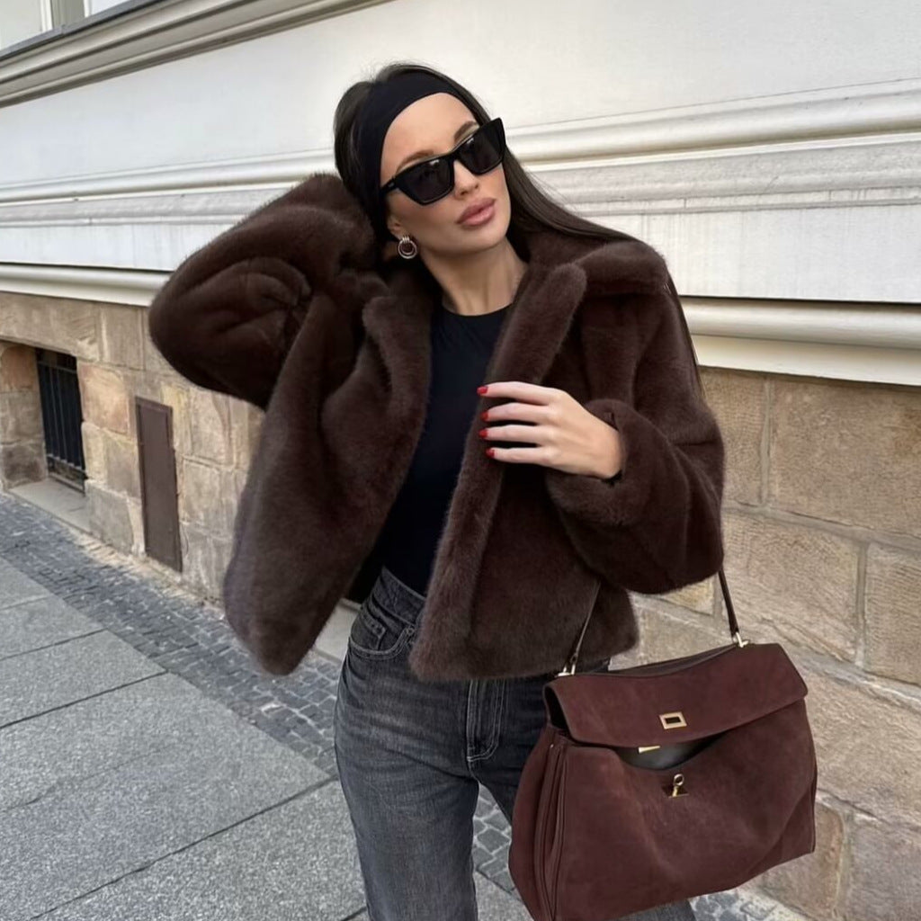 Damen Cropped Kunstfell‑Blouson mit Umlegekragen und weichem Teddy‑Fauxfur Nord Taschen