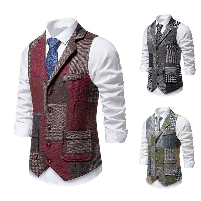 Herren Patchwork Weste mit Reverskragen Knopfleiste und aufgesetzten Taschen Nord Taschen