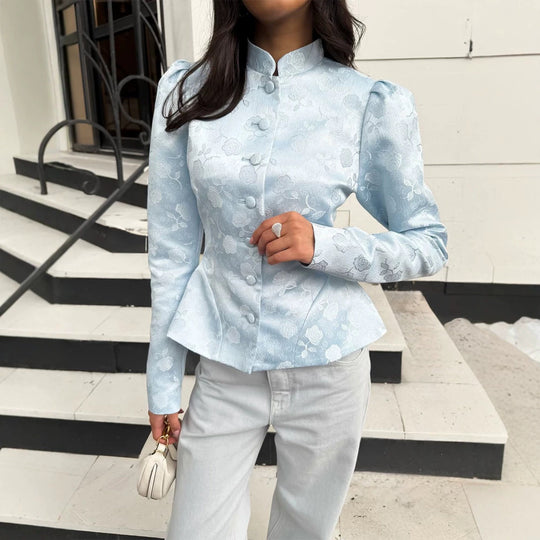 Damen Taillierter Jacquard-Blazer mit Stehkragen, Puffärmeln und Schößchen Nord Taschen