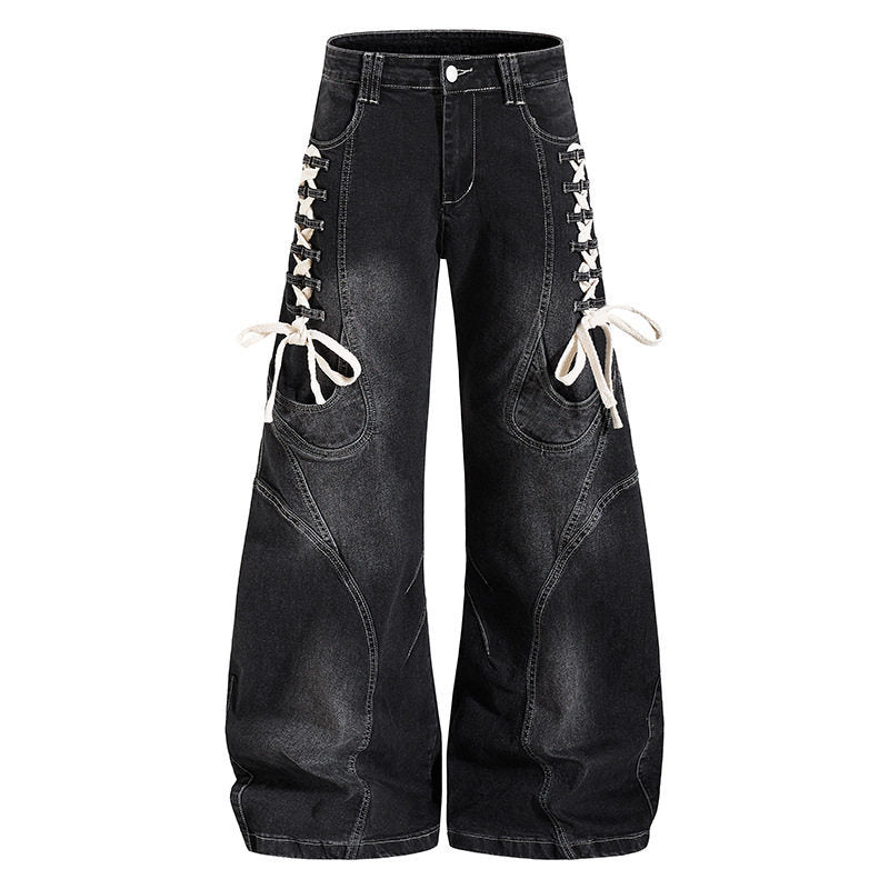 Damen Weite hochtaillierte Denim-Culotte mit seitlicher Schnürung und Cargo-Taschen Nord Taschen