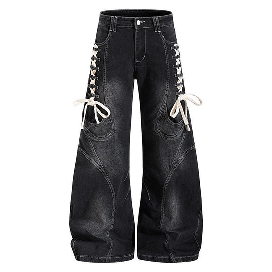 Damen Weite hochtaillierte Denim-Culotte mit seitlicher Schnürung und Cargo-Taschen Nord Taschen