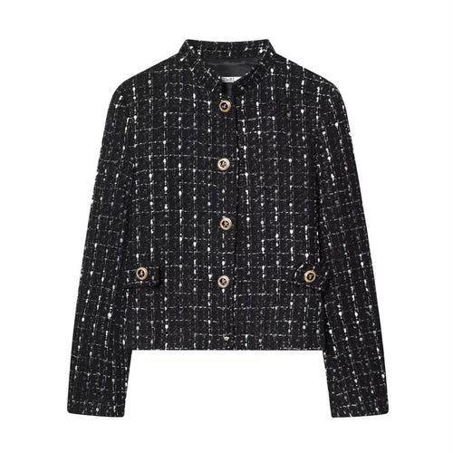 Damen kurze Bouclé‑Tweed‑Jacke mit Stehkragen, Zierknöpfen und Pattentaschen Nord Taschen