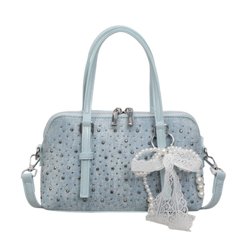 Damen Denim Handtasche mit Perlen- und Spitzenakzenten Nord Taschen