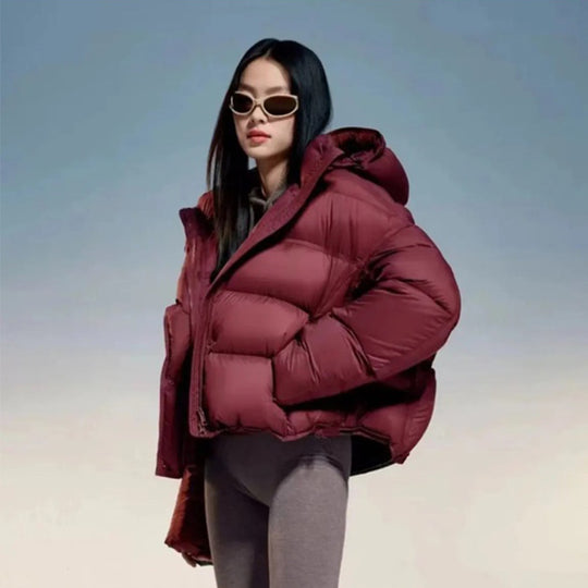 Damen Kurz geschnittene Steppjacke mit Kapuze und hoher Isolierung Nord Taschen