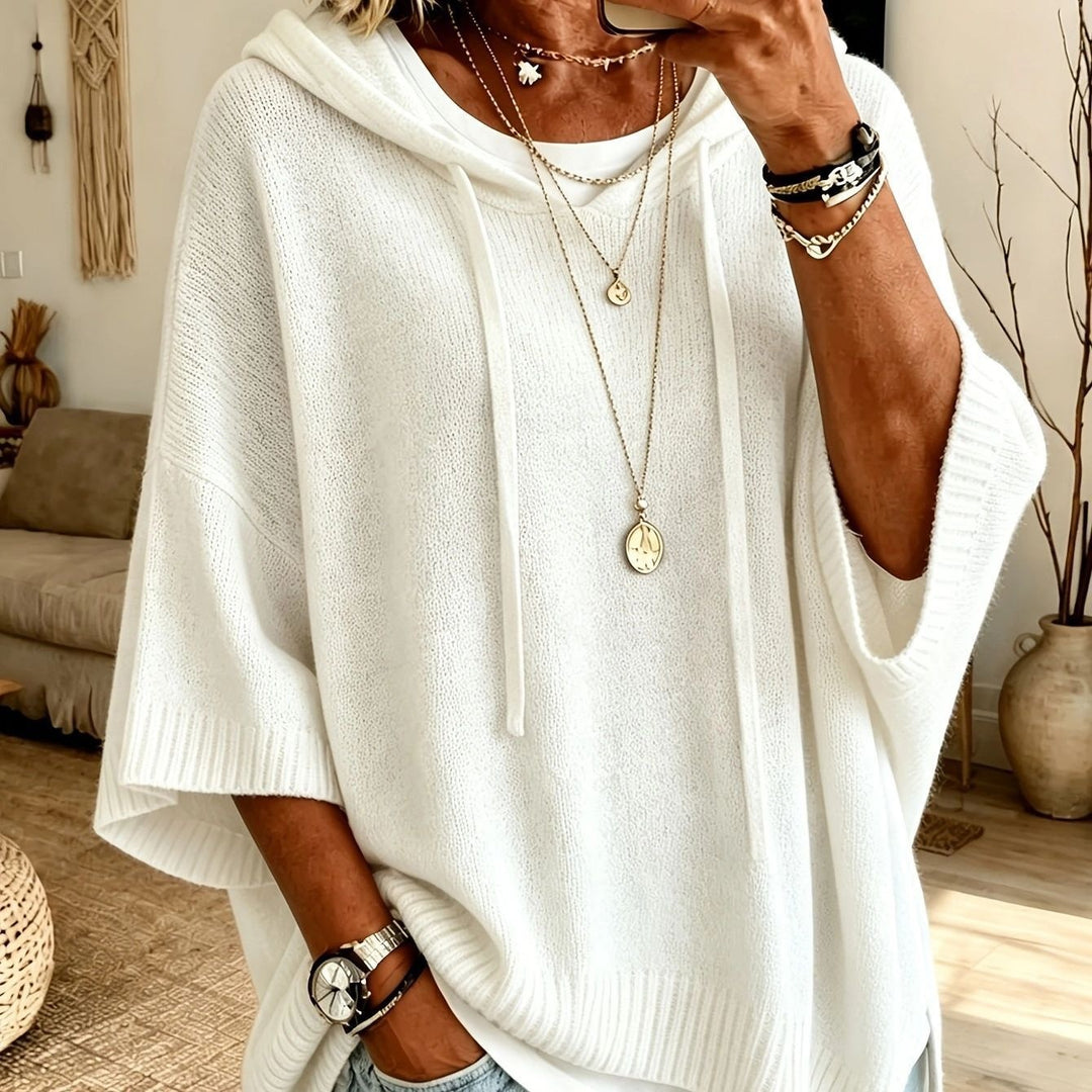 Damen Oversize Strick-Poncho mit Kapuze, Fledermausärmeln und Seitenschlitzen Nord Taschen