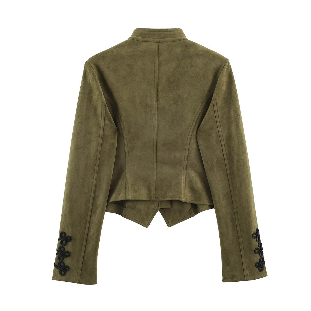 Damen Taillierte Cropped Militärjacke aus Wildlederimitat mit Stehkragen und dekorativen Zierkordeln Nord Taschen