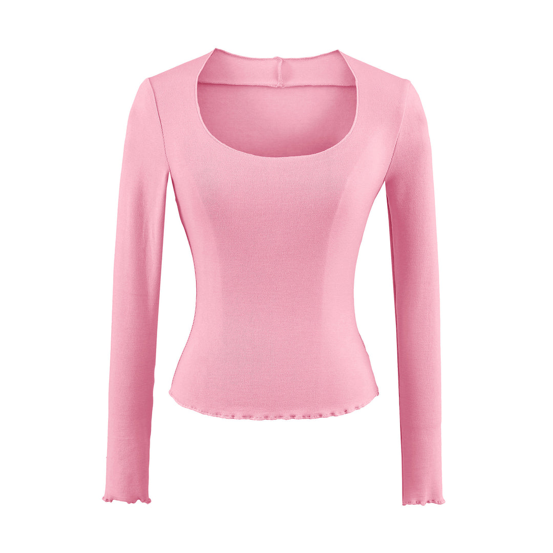 Damen Figurbetontes Langarm-Feinstrickshirt mit quadratischem Ausschnitt und Wellensaum Nord Taschen
