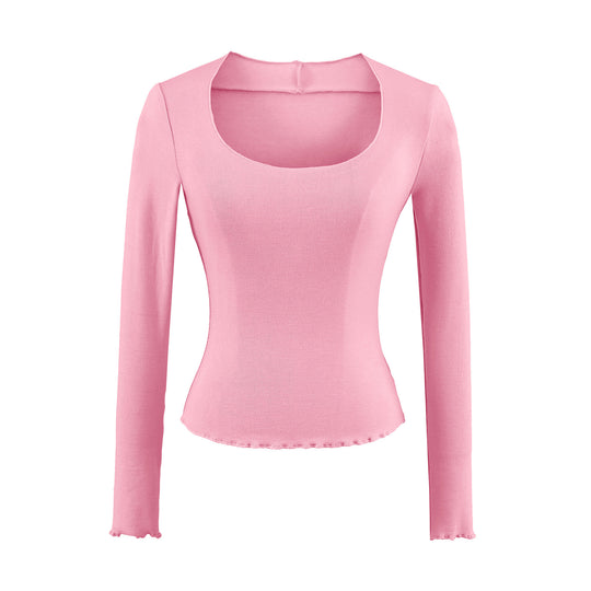 Damen Figurbetontes Langarm-Feinstrickshirt mit quadratischem Ausschnitt und Wellensaum Nord Taschen