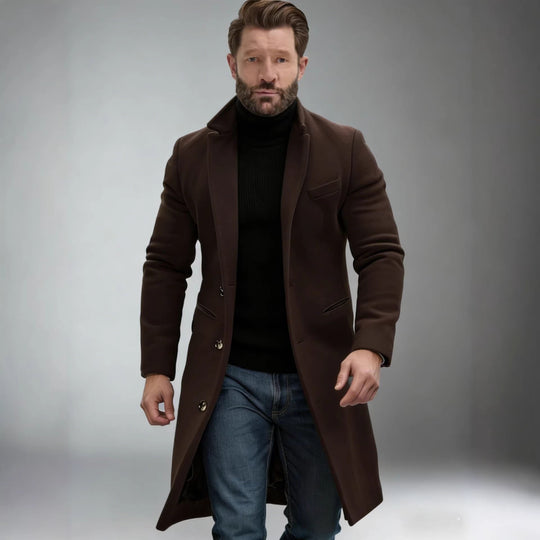 Herren Eleganter einreihiger Langmantel aus Wollmix mit schmaler Silhouette und Reverskragen Nord Taschen