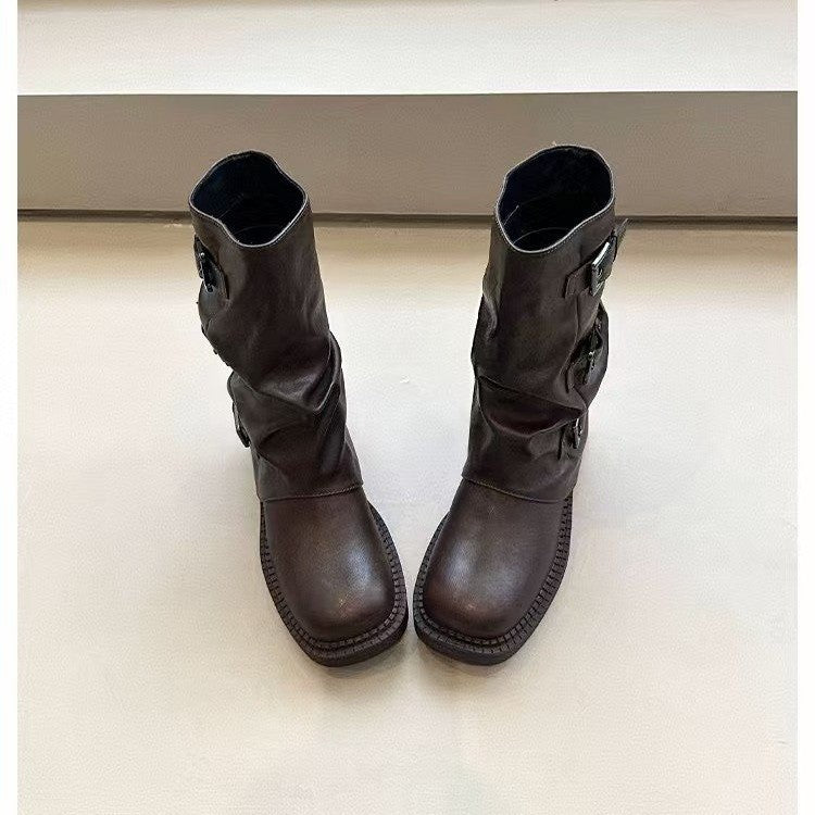 Damen Steppstiefel mit modischen Schnallen und flexiblem Schaftrand