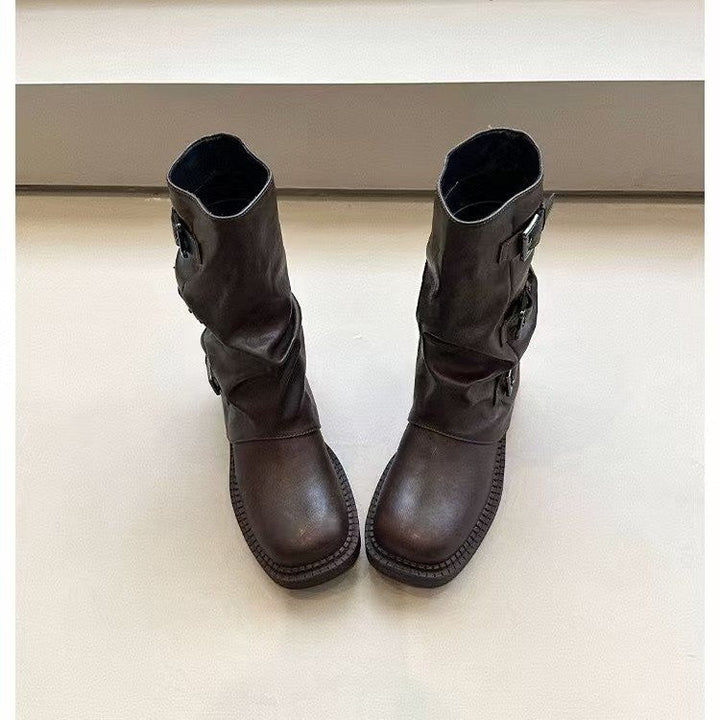 Damen Steppstiefel mit modischen Schnallen und flexiblem Schaftrand