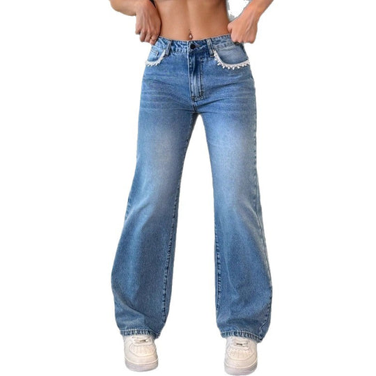 Damen Hochtaillierte Relaxed Wide‑Leg Denim‑Jeans mit fransiger Taschenkante Nord Taschen