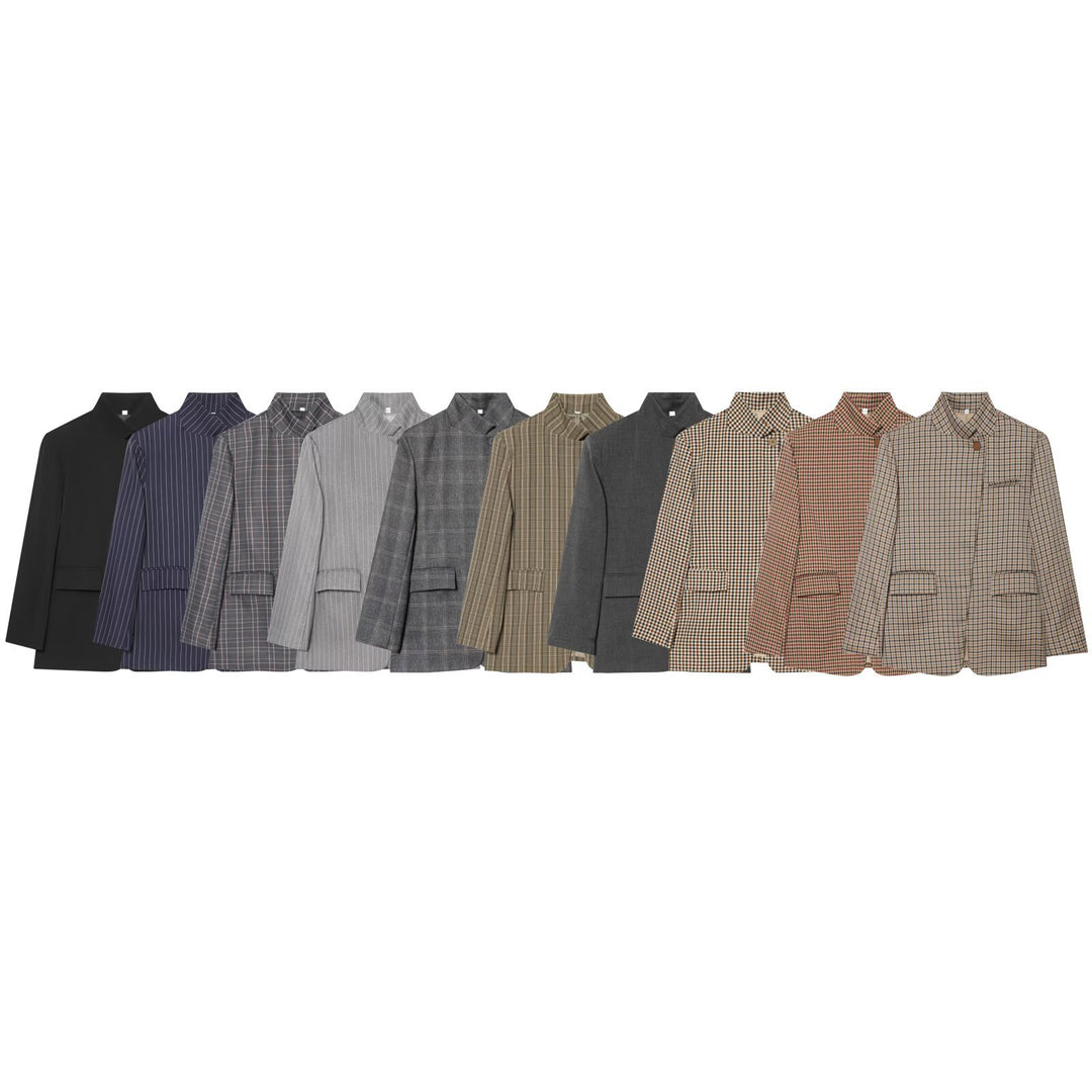 Damen Karierter Longblazer mit Stehkragen, verdeckter Knopfleiste und Pattentaschen Nord Taschen