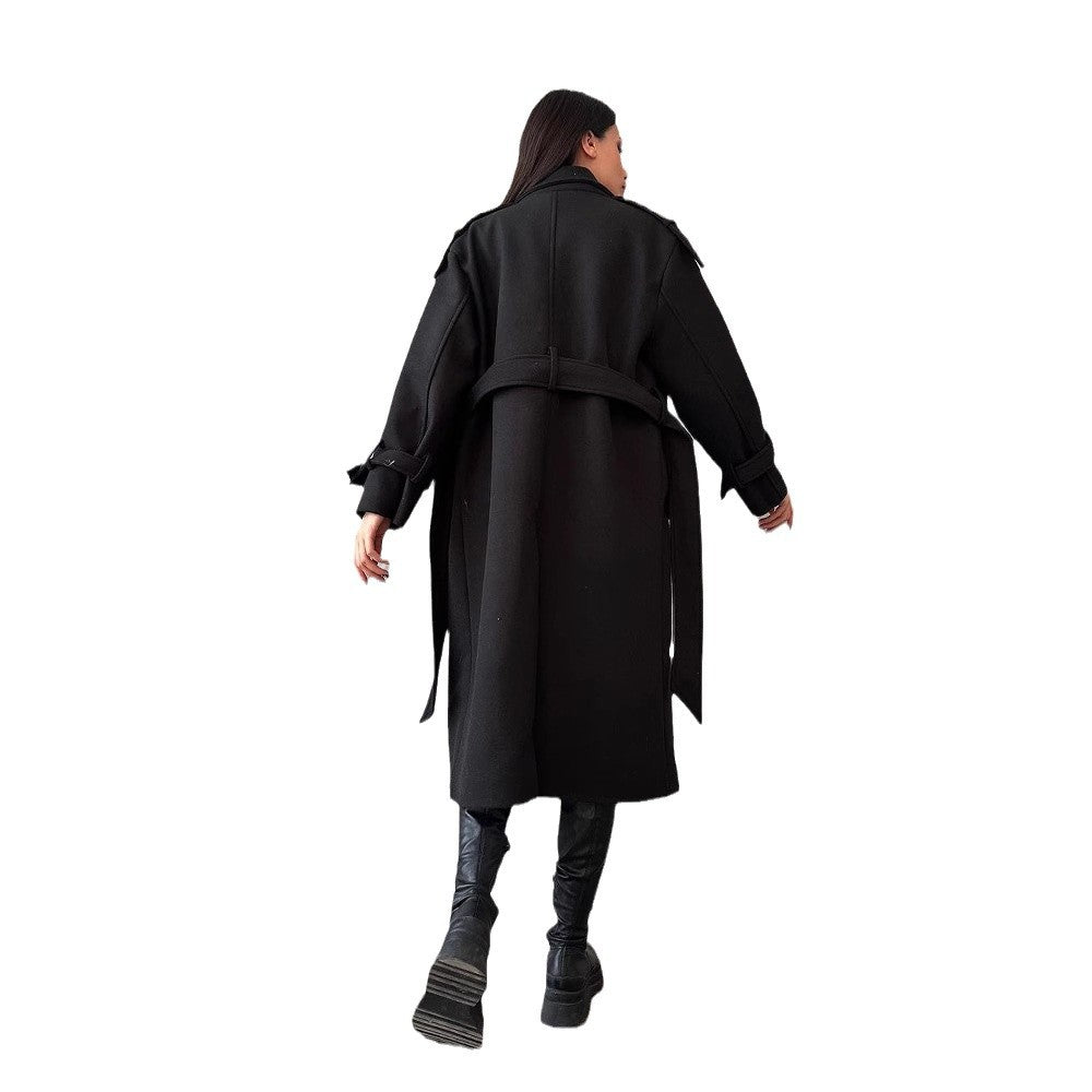 Damen Oversize Wollmix-Mantel mit doppelreihiger Knopfleiste und Taillengürtel Nord Taschen