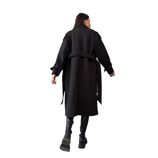 Damen Oversize Wollmix-Mantel mit doppelreihiger Knopfleiste und Taillengürtel Nord Taschen