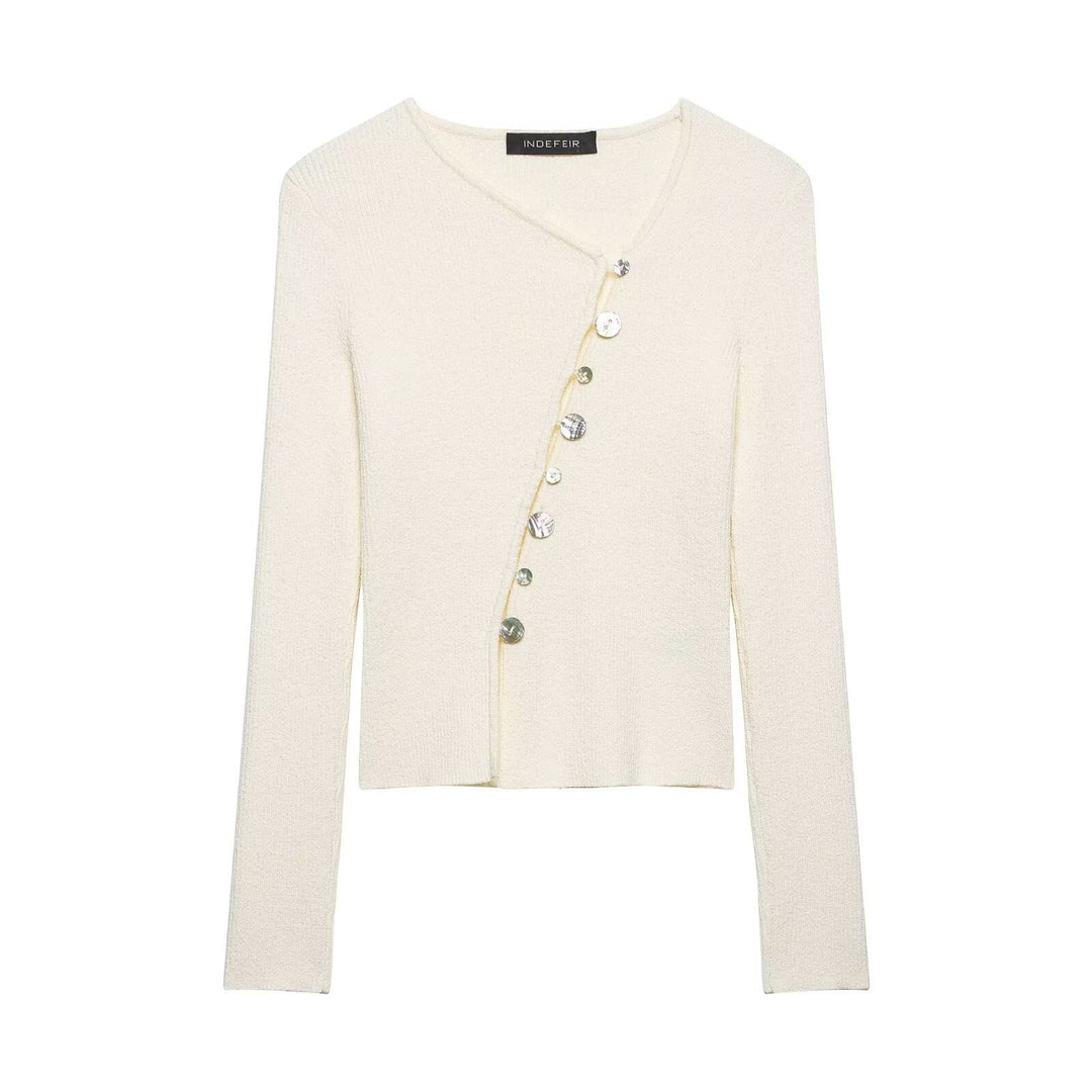 Damen Asymmetrische Bouclé-Strickjacke mit V-Ausschnitt und dekorativer Knopfleiste Nord Taschen