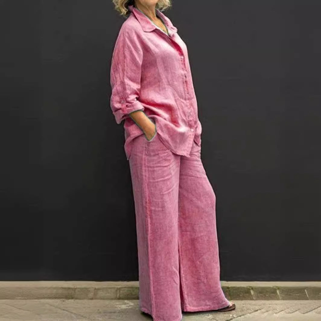 Damen Relaxed-Buttondown-Hemd und High-Waist-Palazzo im Leinenoptik Nord Taschen