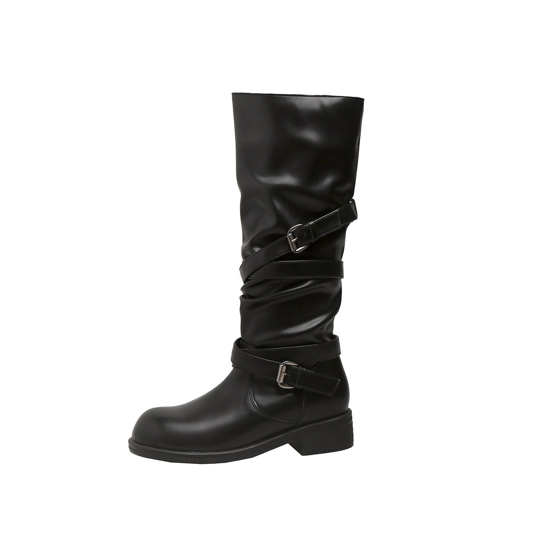 Damen Wadenhohe Bikerstiefel mit Wickelriemen und verstellbaren Schnallen Nord Taschen