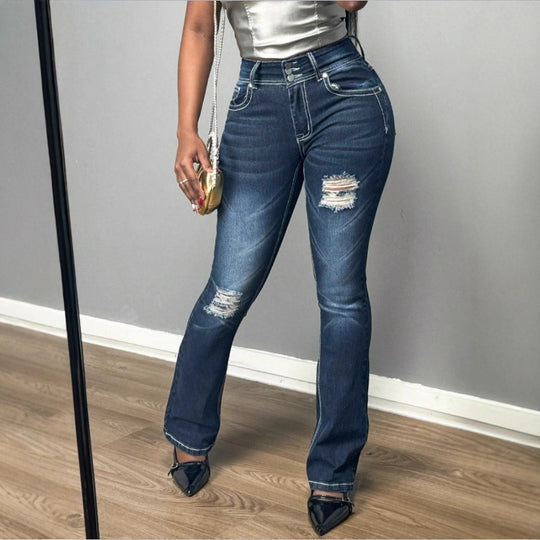 Damen Figurformende High-Waist Bootcut-Jeans mit dreifacher Knopfleiste und dezenter Destroyed-Optik Nord Taschen