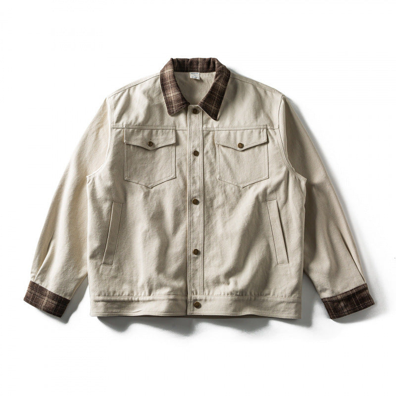 Herren Oversize-Truckerjacke aus Canvas mit Kontrast-Karo-Kragen und aufgesetzten Brusttaschen Nord Taschen