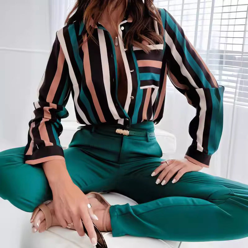 Damen Button-Up Streifenbluse mit Kontrasttaschen Nord Taschen