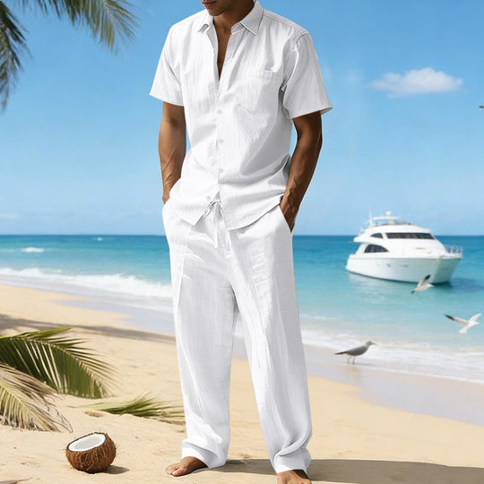 Herren nan resort-taugliches Kurzarm-Hemd mit Brusttasche und lässiger Leinen-Kordelhose