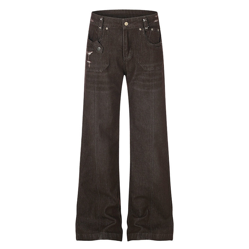 Damen Weite High‑Waist Denimhose mit geradem Bein und Utility‑Pattentaschen Nord Taschen