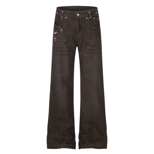 Damen Weite High‑Waist Denimhose mit geradem Bein und Utility‑Pattentaschen Nord Taschen