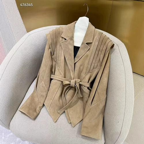 Damen Taillierte Wickeljacke aus Wildlederoptik mit Schulterplissee und Bindegürtel Nord Taschen