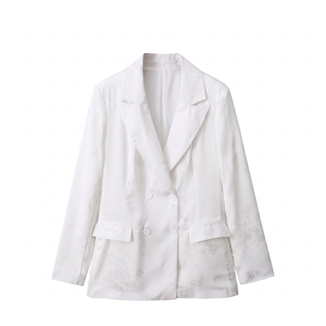 Damen Doppelreihiger Blazer mit floralem Jacquard und Schalkragen Nord Taschen