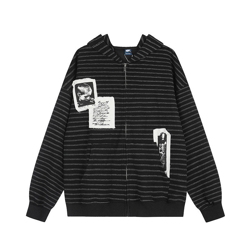 Unisex Kapuzen-Zipjacke im Oversize-Streifenlook mit Fotopatch-Applikationen Nord Taschen