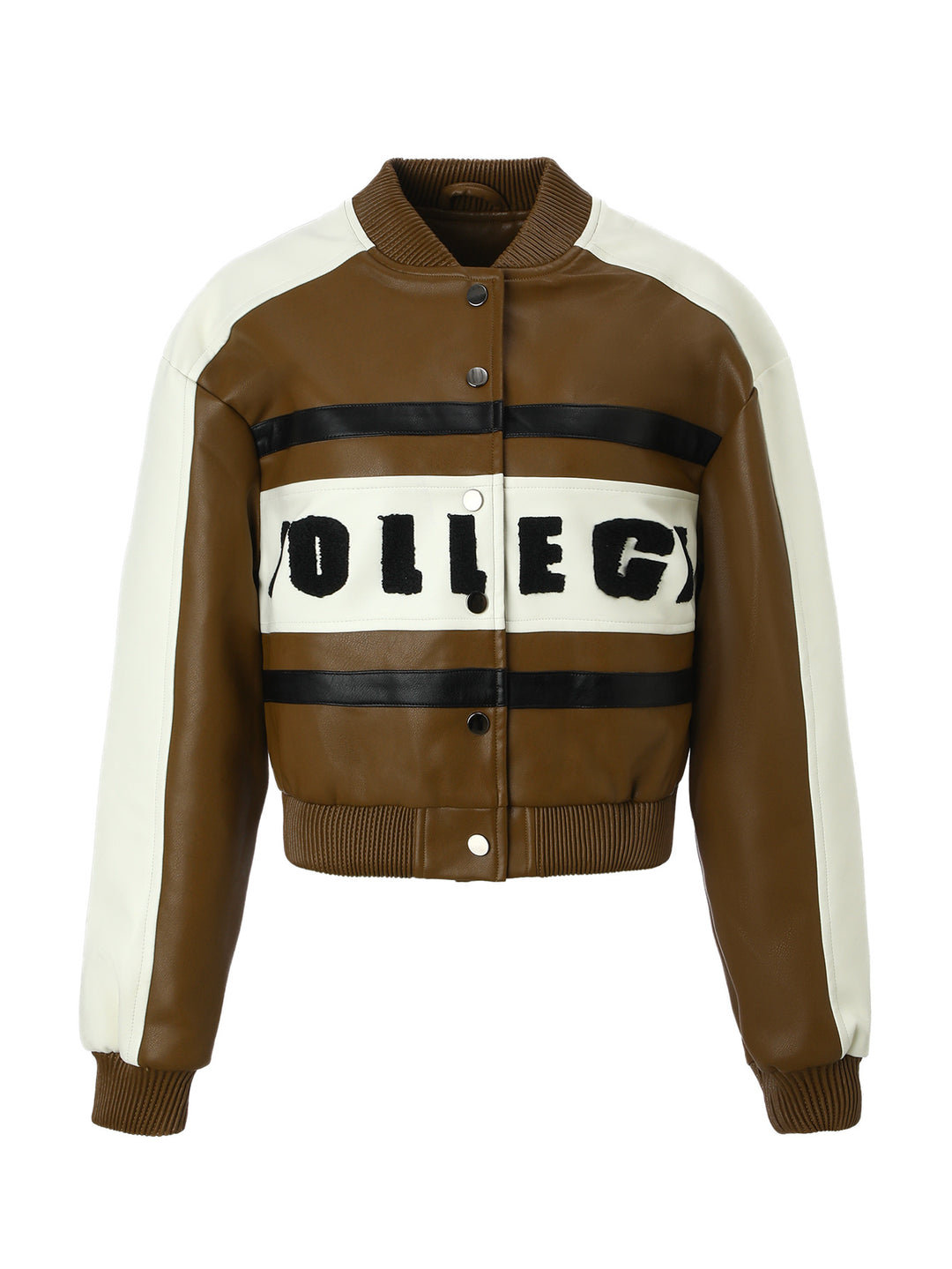 Damen Cropped College‑Bomberjacke aus Kunstleder mit kontrastierenden Streifen und Druckknöpfen Nord Taschen