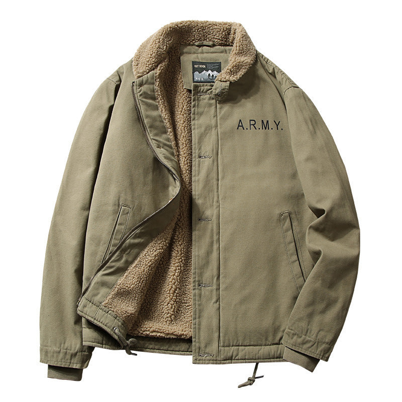 Herren Vintage-inspirierter Canvas-Fliegerblouson mit voluminösem Sherpa-Futter, zweifacher Frontöffnung und verstärkten Taschen Nord Taschen
