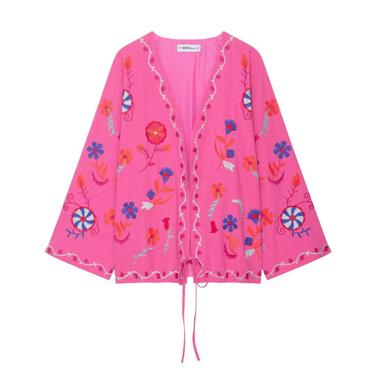 Damen 100+ bestickter Kimono‑Blouson mit Tunnelzugsaum und weiten Glockenärmeln Nord Taschen