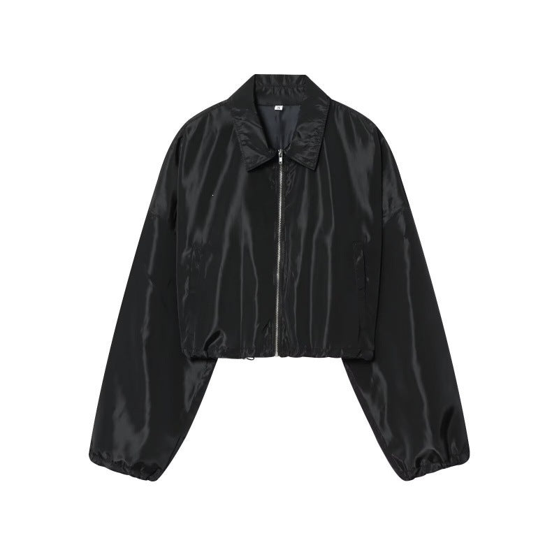 Damen Cropped Bomberjacke aus Satinoptik mit Reißverschluss und elastischem Saum Nord Taschen