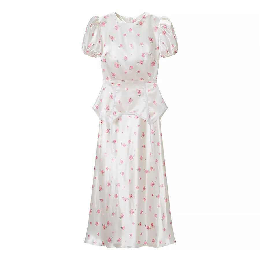 Damen Midikleid aus Satin mit Puffärmeln, integrierter Korsagen-Peplum und zartem Blumenprint Nord Taschen