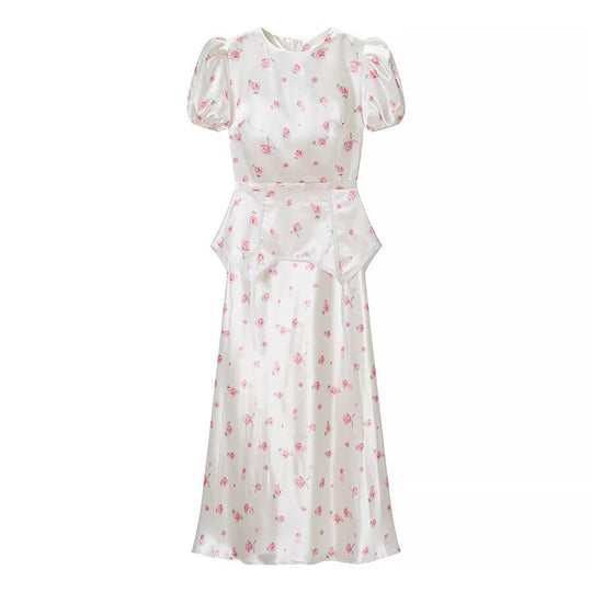 Damen Midikleid aus Satin mit Puffärmeln, integrierter Korsagen-Peplum und zartem Blumenprint Nord Taschen