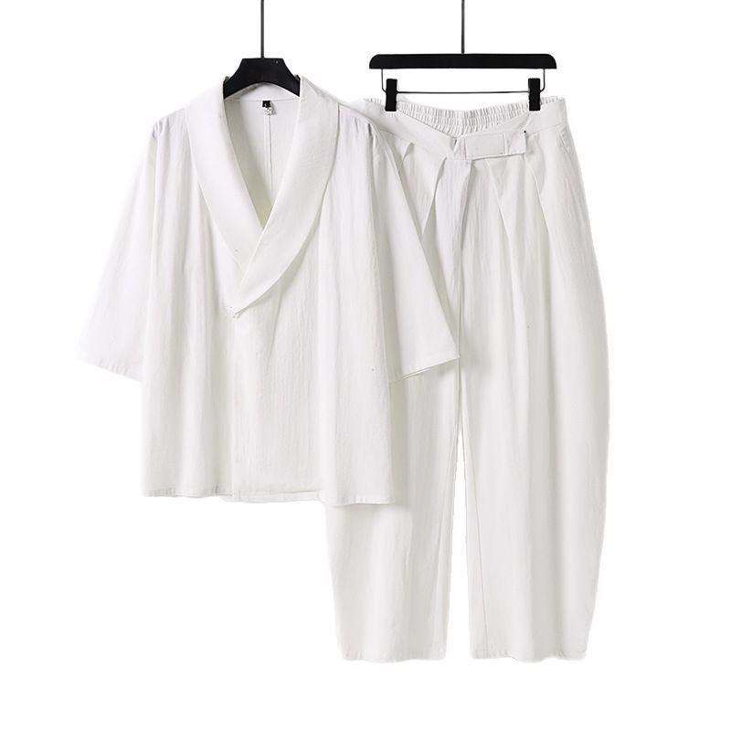 Damen Zweiteiliges Kimono-Loungewear-Set mit Schalkragen Kurzarm-Oberteil und hochtaillierter Plissee-Hose Nord Taschen