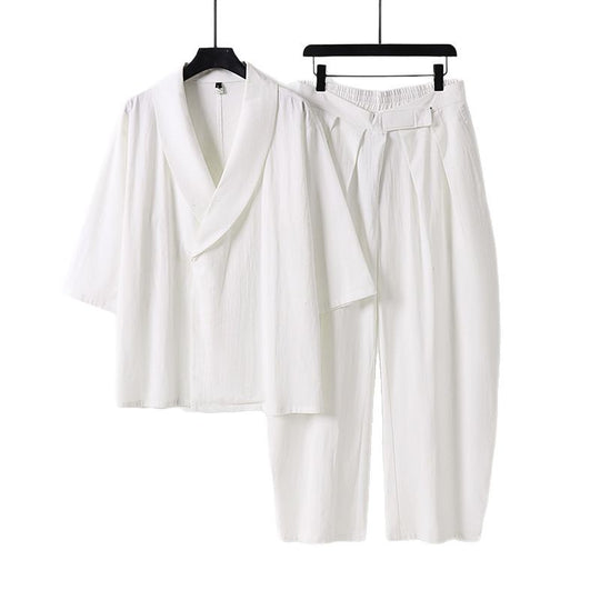 Damen Zweiteiliges Kimono-Loungewear-Set mit Schalkragen Kurzarm-Oberteil und hochtaillierter Plissee-Hose Nord Taschen