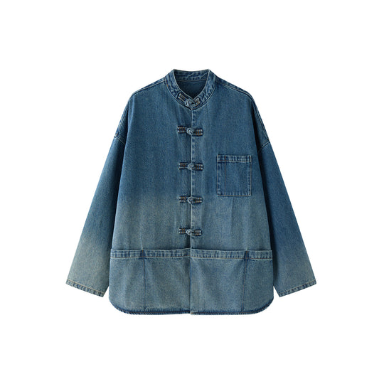 Damen Oversized Jeansjacke im Utility‑Stil mit Mandarinkragen und Knebelverschlüssen Nord Taschen